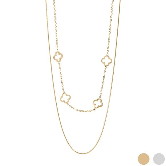 18K Gold PVD Stainless Steel Layered Clover Charm Necklace - Picture 1 of 5